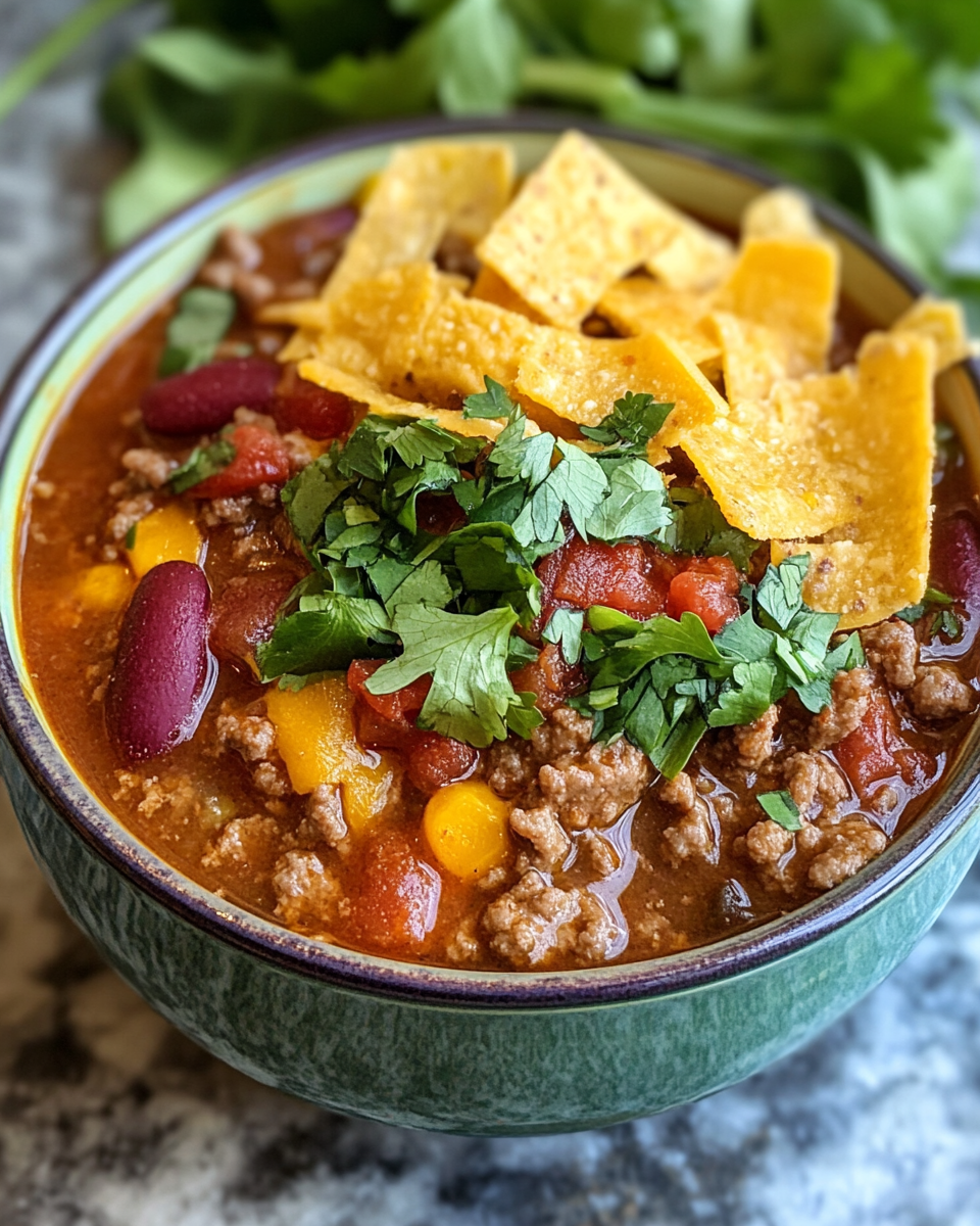 Bowl of finished Instant Pot chili topped with cheese, sour cream, cilantro, and lime