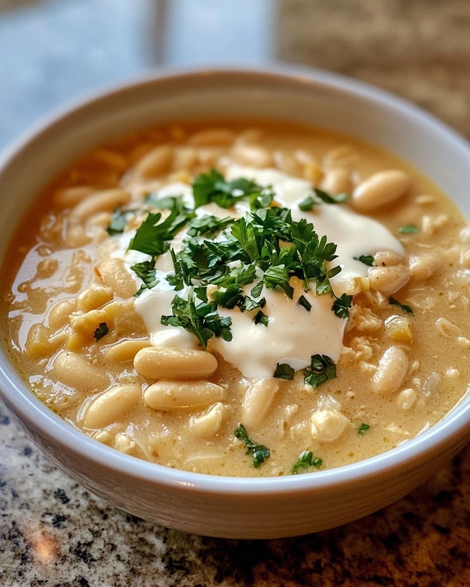 Creamy finished white chicken chili served hot with toppings