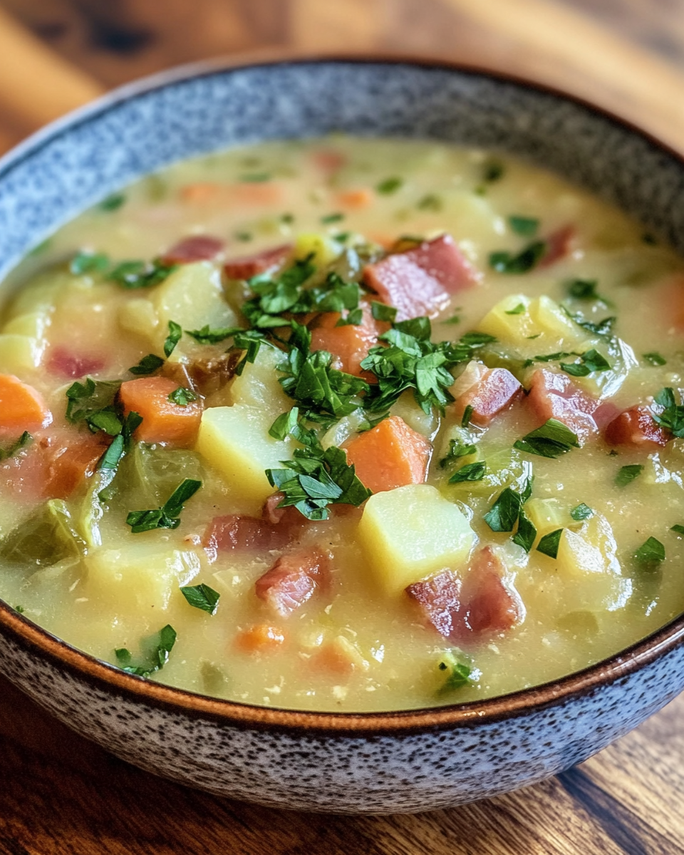 Ingredients of Irish bacon cabbage and potato soup laid out for cooking