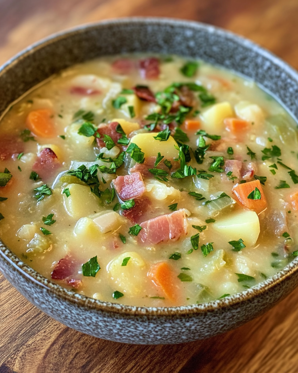 Bowl of Irish bacon cabbage and potato soup topped with crispy bacon and fresh cabbage slices
