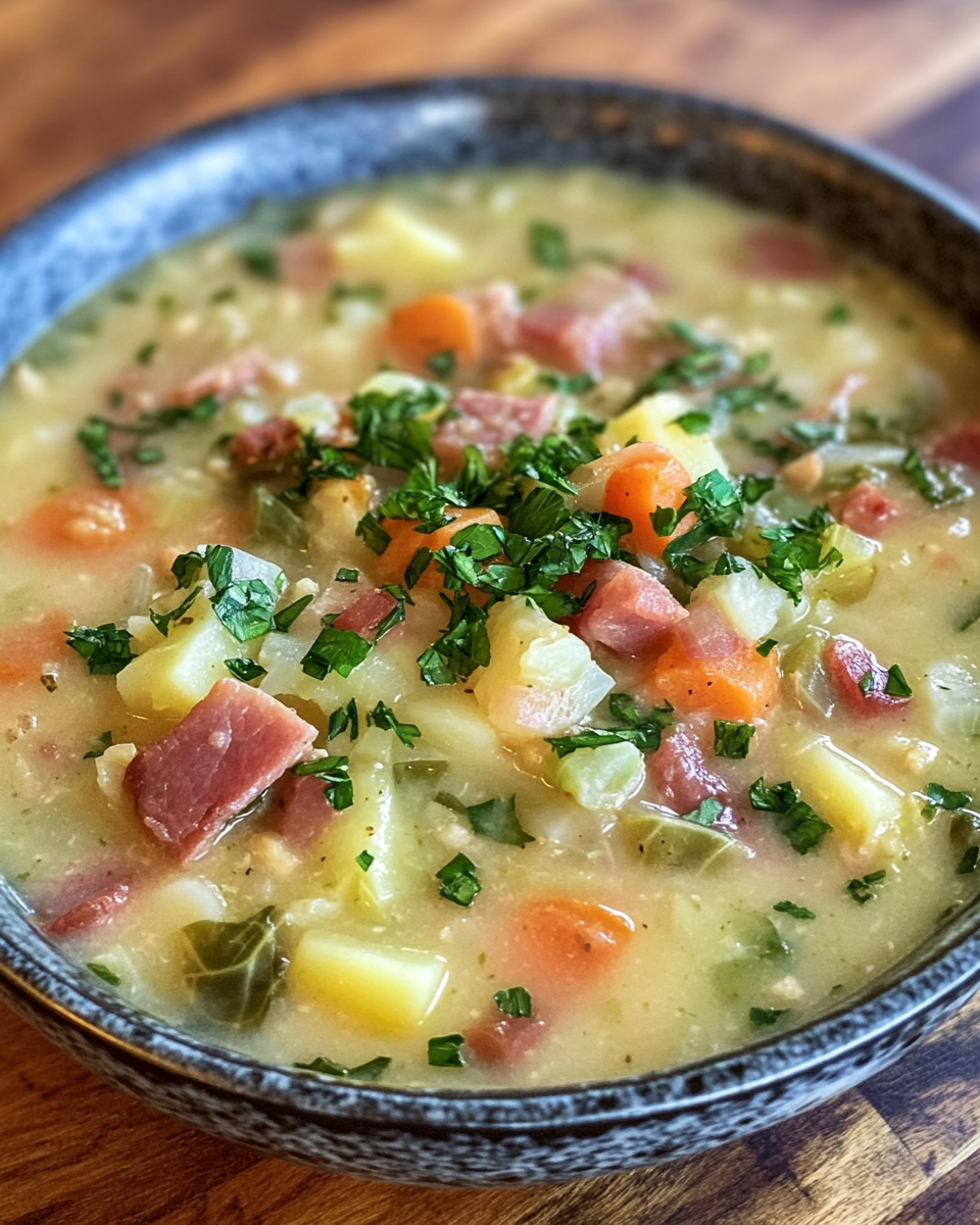 Irish bacon, cabbage, and potato soup cooking in pressure cooker with steam whispering