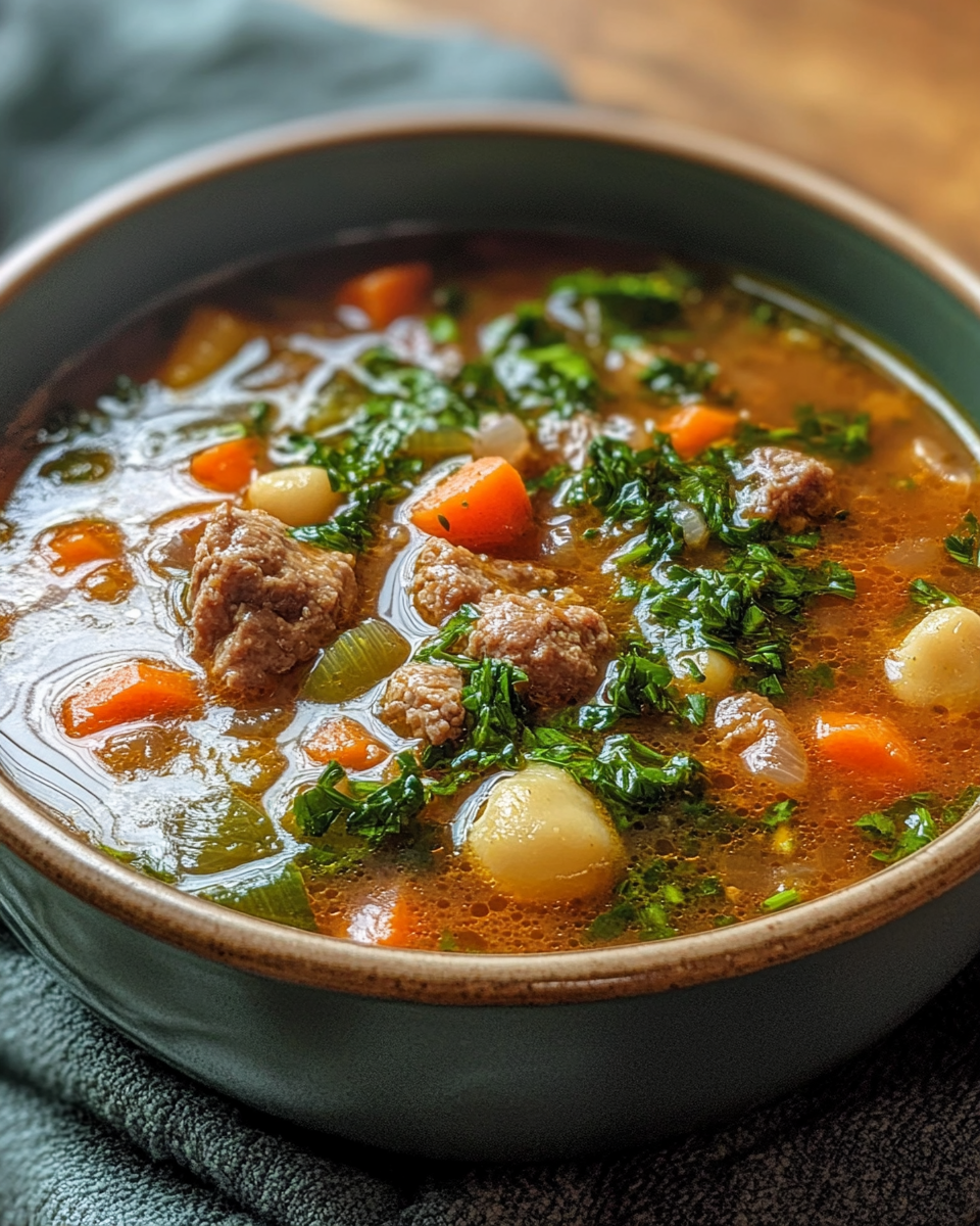 Serving bowl of Italian penicillin soup garnished with parsley and Parmigiano cheese