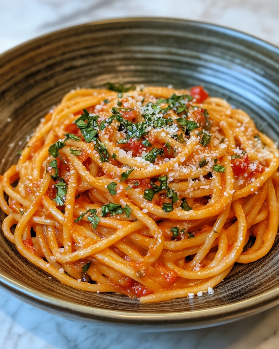 Served roasted red pepper pasta garnished with basil and Parmesan cheese