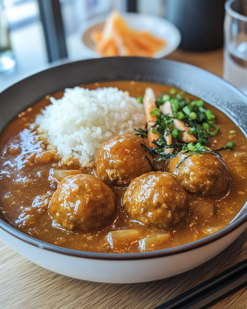 Plated Tsukune chicken meatballs glazed with sauce, served hot with rice and steamed vegetables