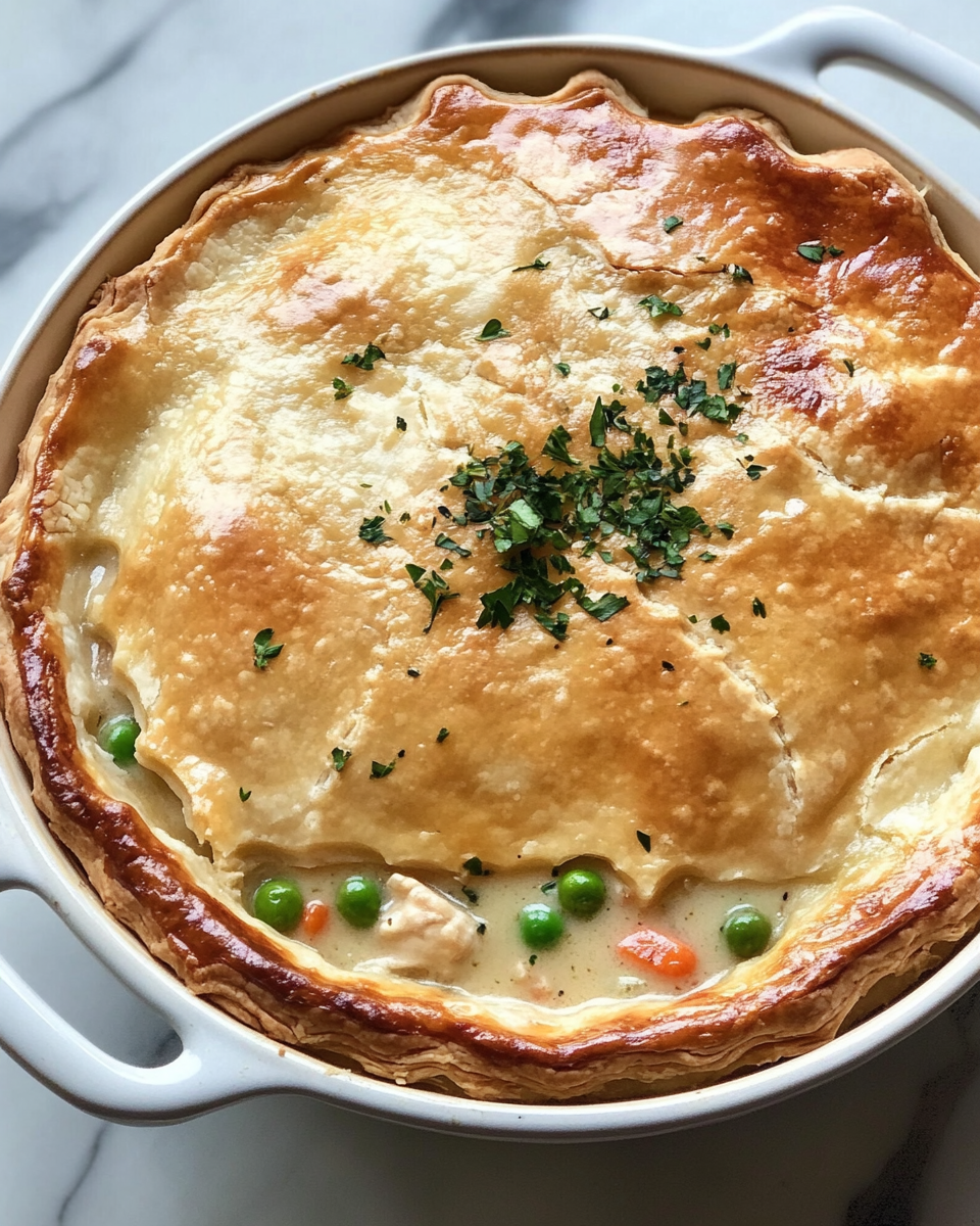 Golden baked chicken pot pie with flaky biscuit crust topped with flaky sea salt
