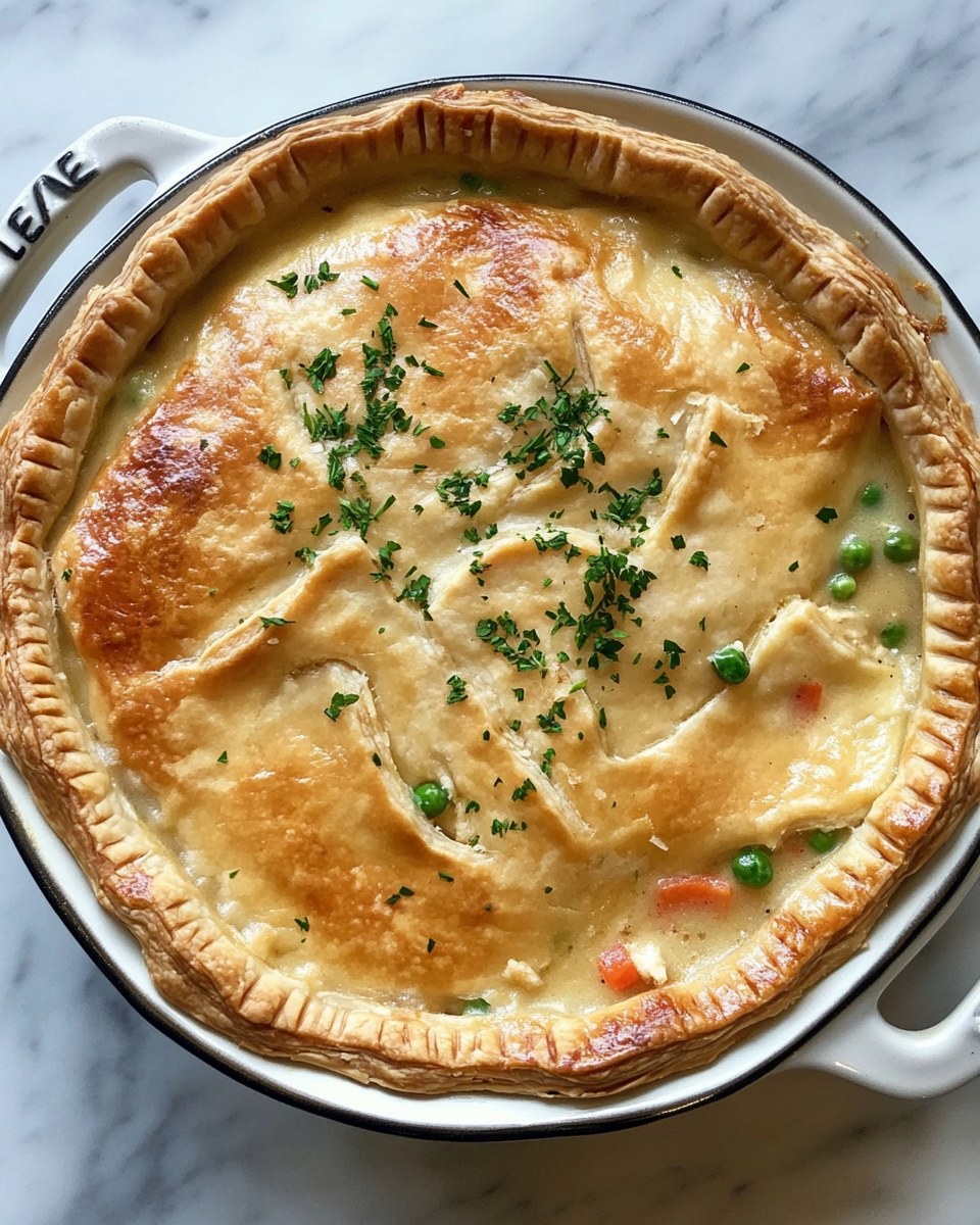 Close up of tender chicken pot pie inside pressure cooker with golden crust