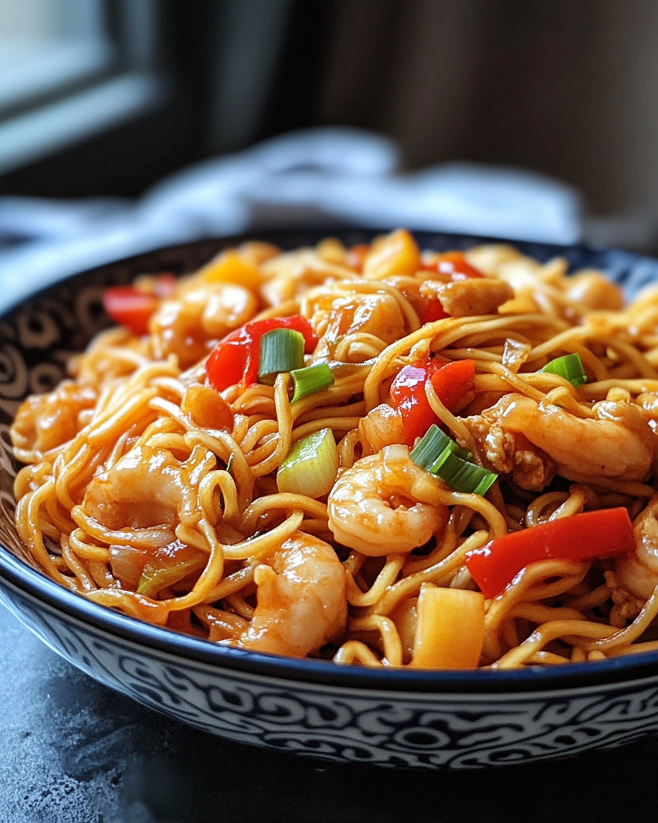 Plate of kung pao noodles served with crushed peanuts and green onions
