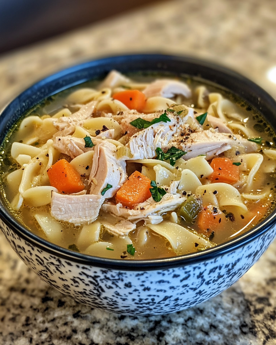Bowl of leftover turkey noodle soup with fresh parsley on top