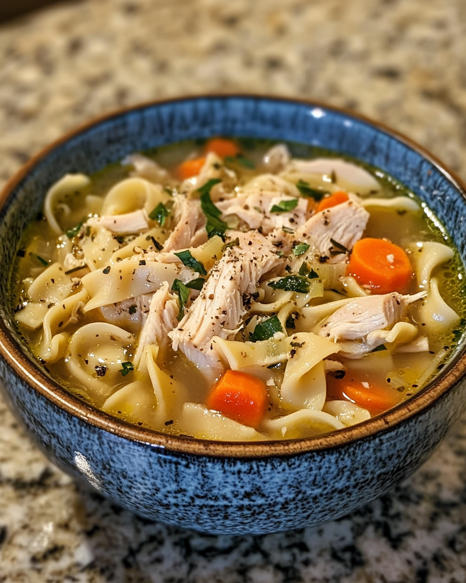 Steam rising from a pot of leftover turkey noodle soup in pressure cooker