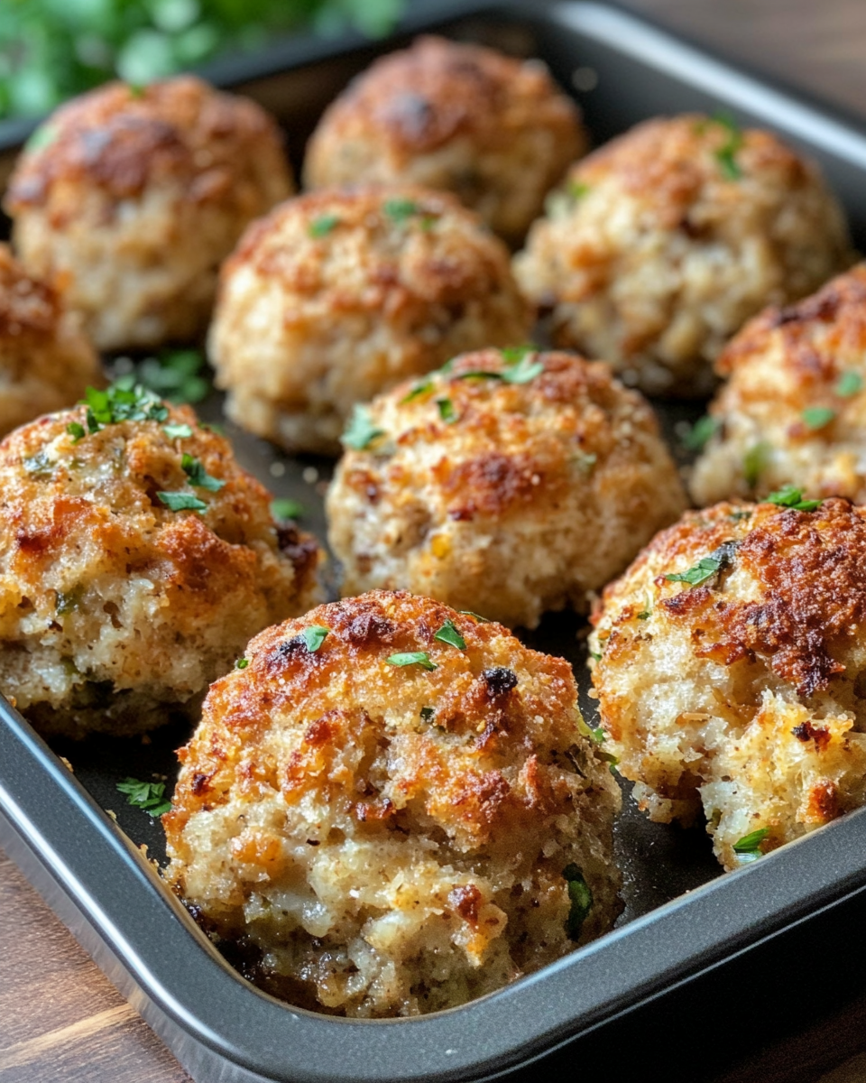 Mixing ingredients for leftover turkey stuffing balls in large bowl
