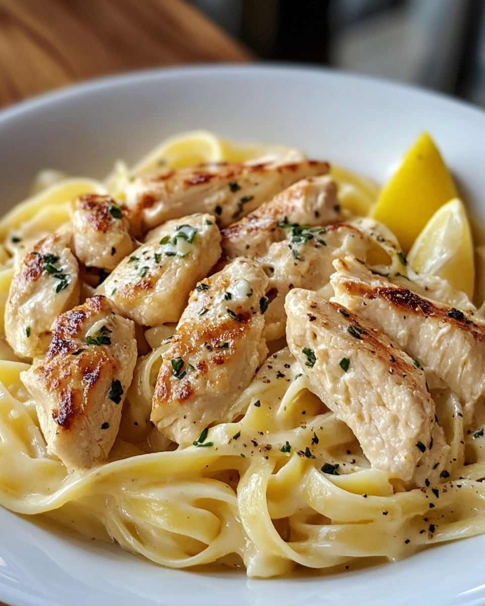 Plate of finished lemon garlic chicken pasta garnished with parsley
