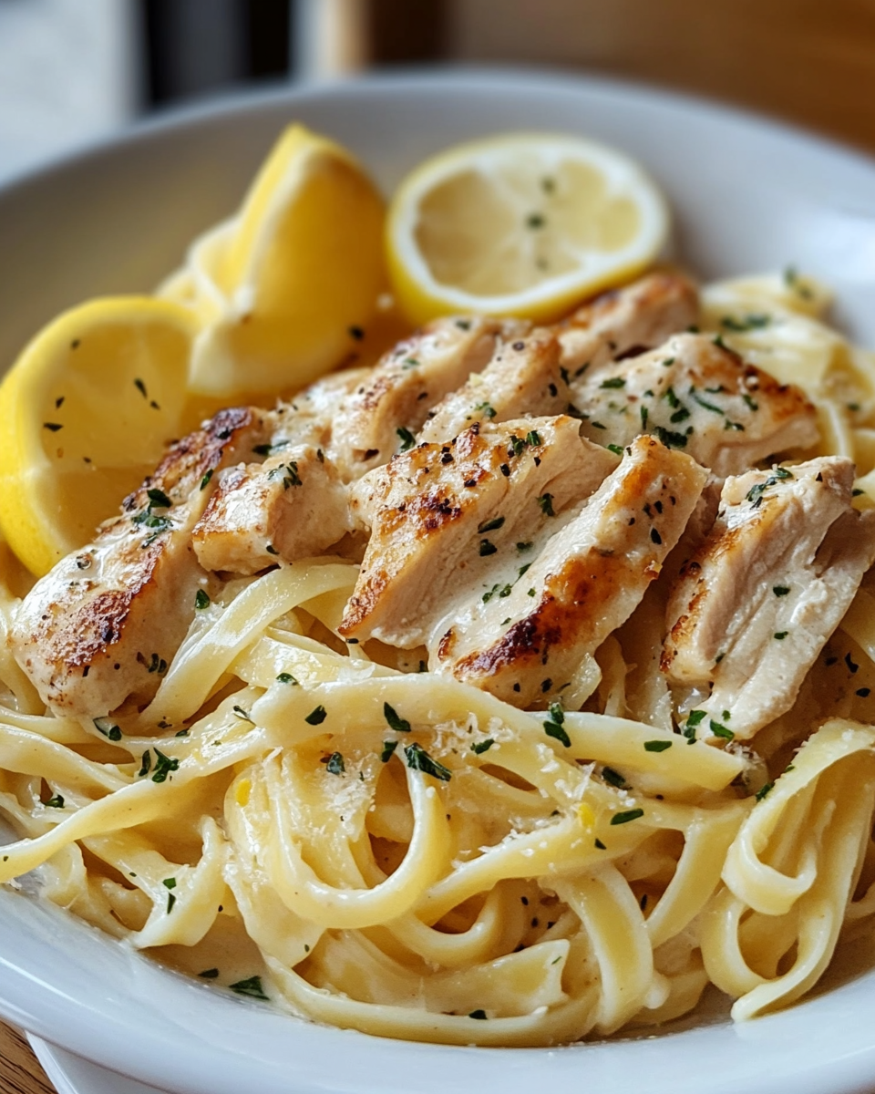 Lemony garlic chicken pasta in pressure cooker ready to serve