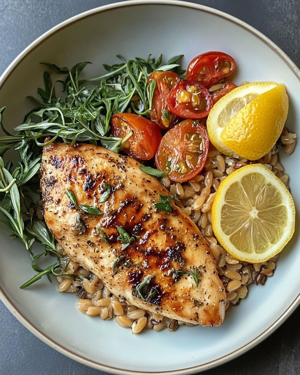 Sliced grilled lemon oregano chicken served over farro salad in a bowl