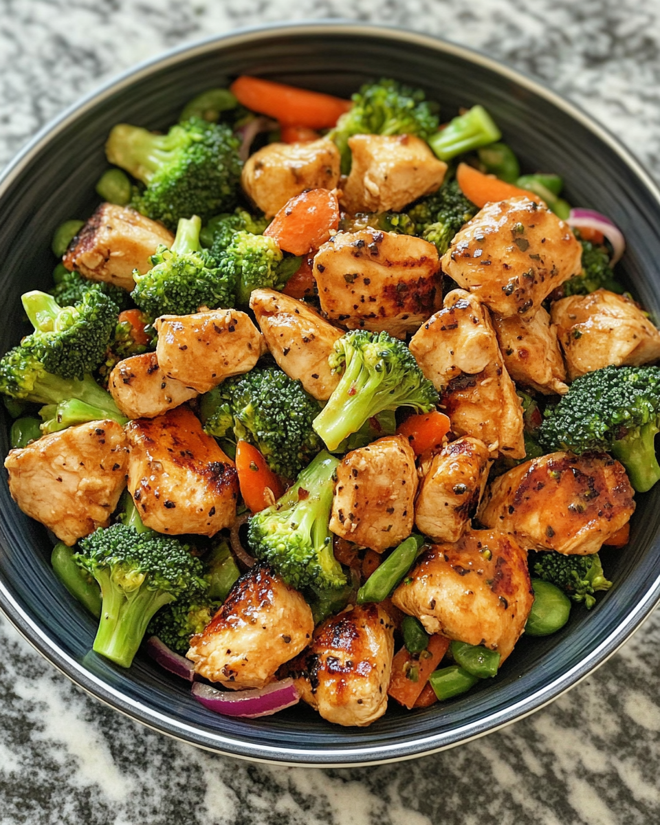 Fresh loaded chicken broccoli salad in bowl showing colorful veggies and dressing