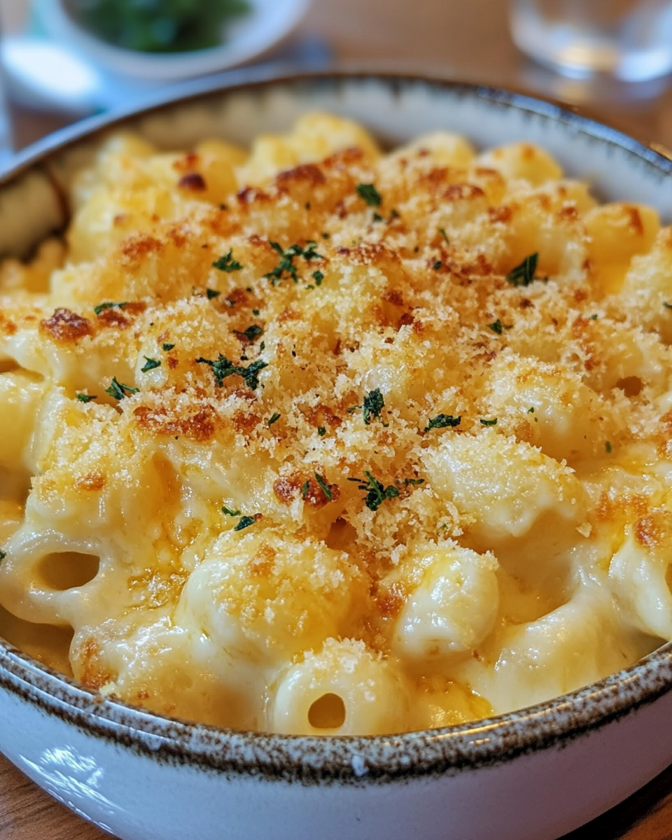 Bowl of finished cheesy Chili Mac and Cheese, topped with cilantro and hot sauce
