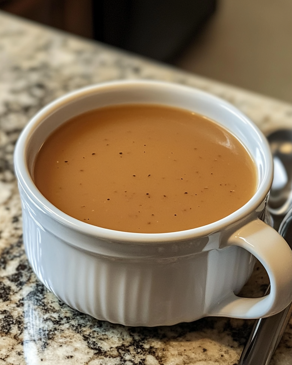 Ladle serving turkey gravy thick and creamy