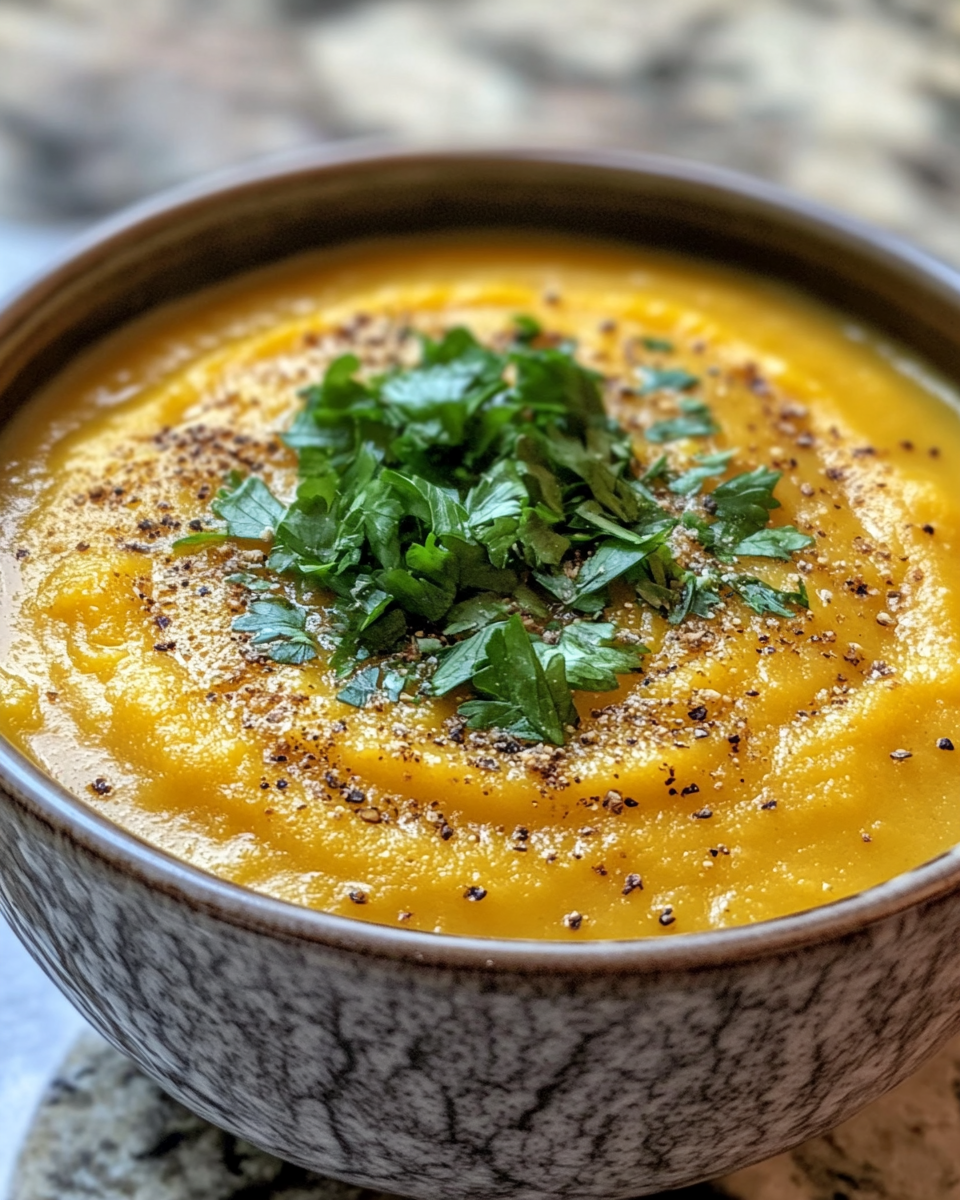 Serving bowl of creamy maple butternut squash and apple soup garnished with chives
