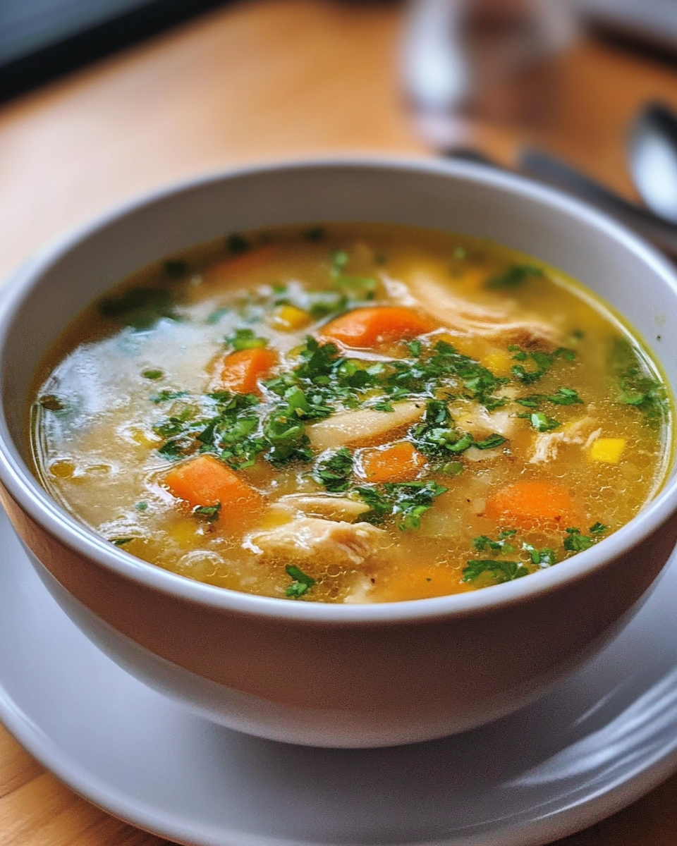 Final chicken soup with shredded chicken, pasta, and spinach ready to serve