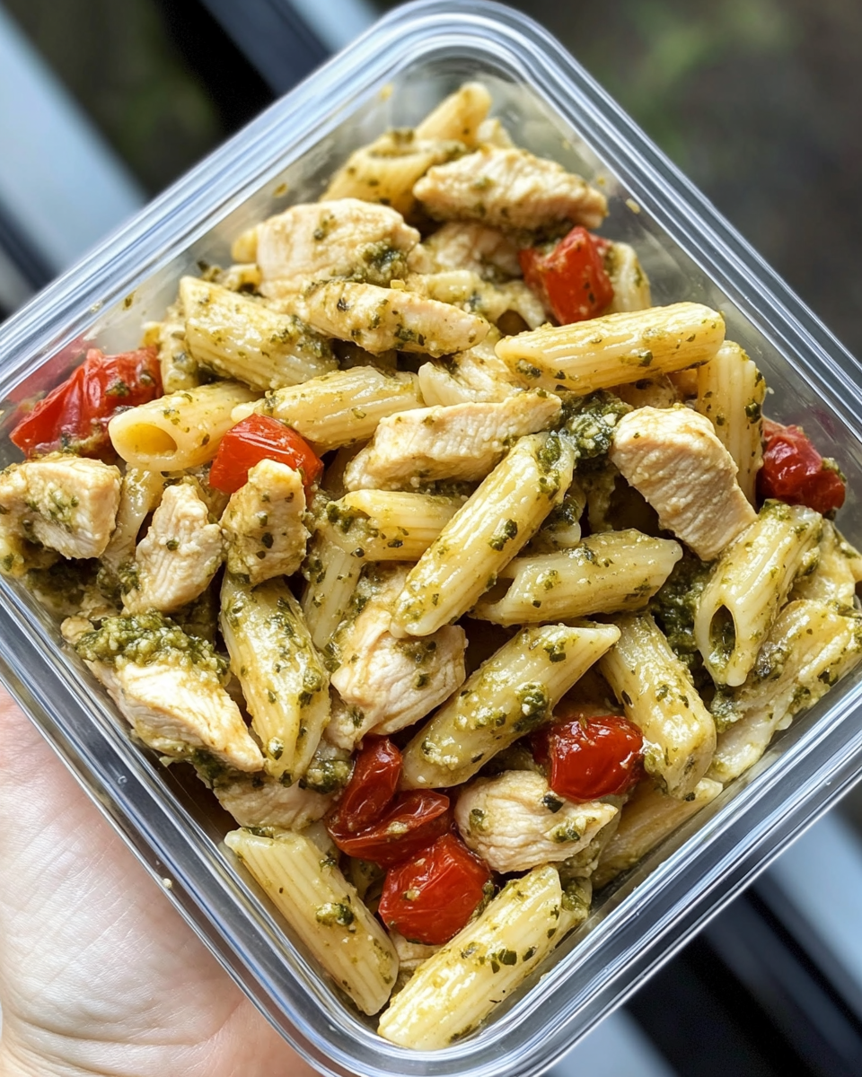 Plated pesto chicken with green beans and cherry tomatoes ready to serve