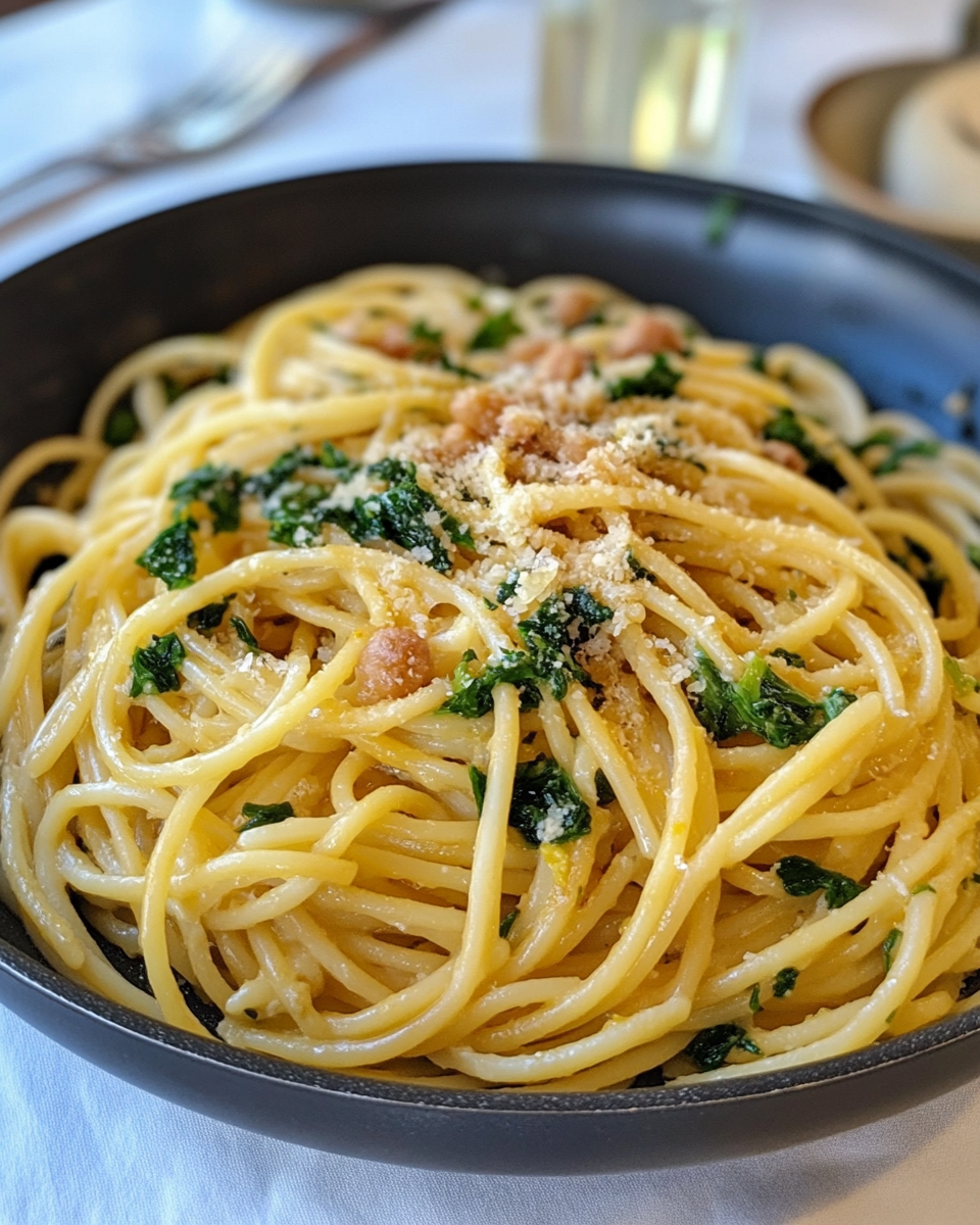 Plated one pot pasta with cherry tomatoes and spinach
