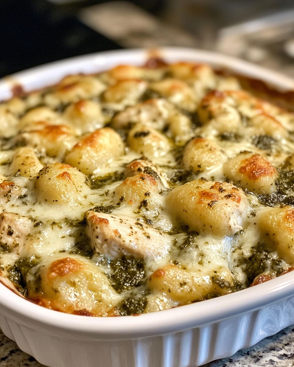 Close-up of melted mozzarella and parmesan cheese topping on pesto chicken gnocchi bake