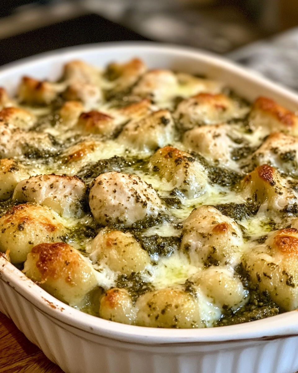 One-pan baked pesto chicken gnocchi fresh from the oven with melty cheese