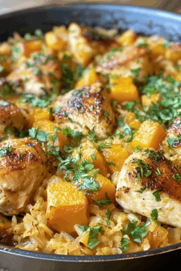 One Pan Butternut Squash, Chicken, and Rice Bake taken with iphone 15 pro max --iw 2 --ar 4:5 --v 6.1 --raw