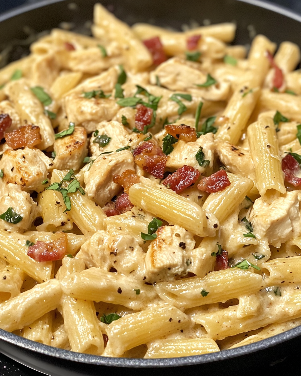 Ingredients for chicken bacon ranch pasta mixed in pressure cooker