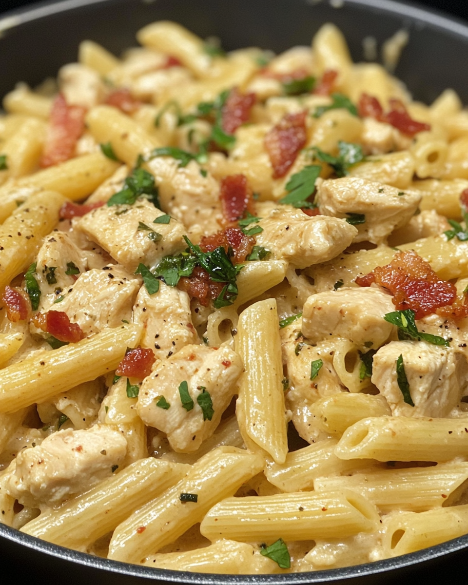 Deliciously plated chicken bacon ranch pasta with melted cheese topping