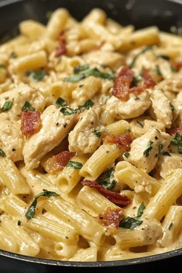 One Pan Chicken Bacon Ranch Pasta taken with iphone 15 pro max --iw 2 --ar 4:5 --v 6.1 --raw