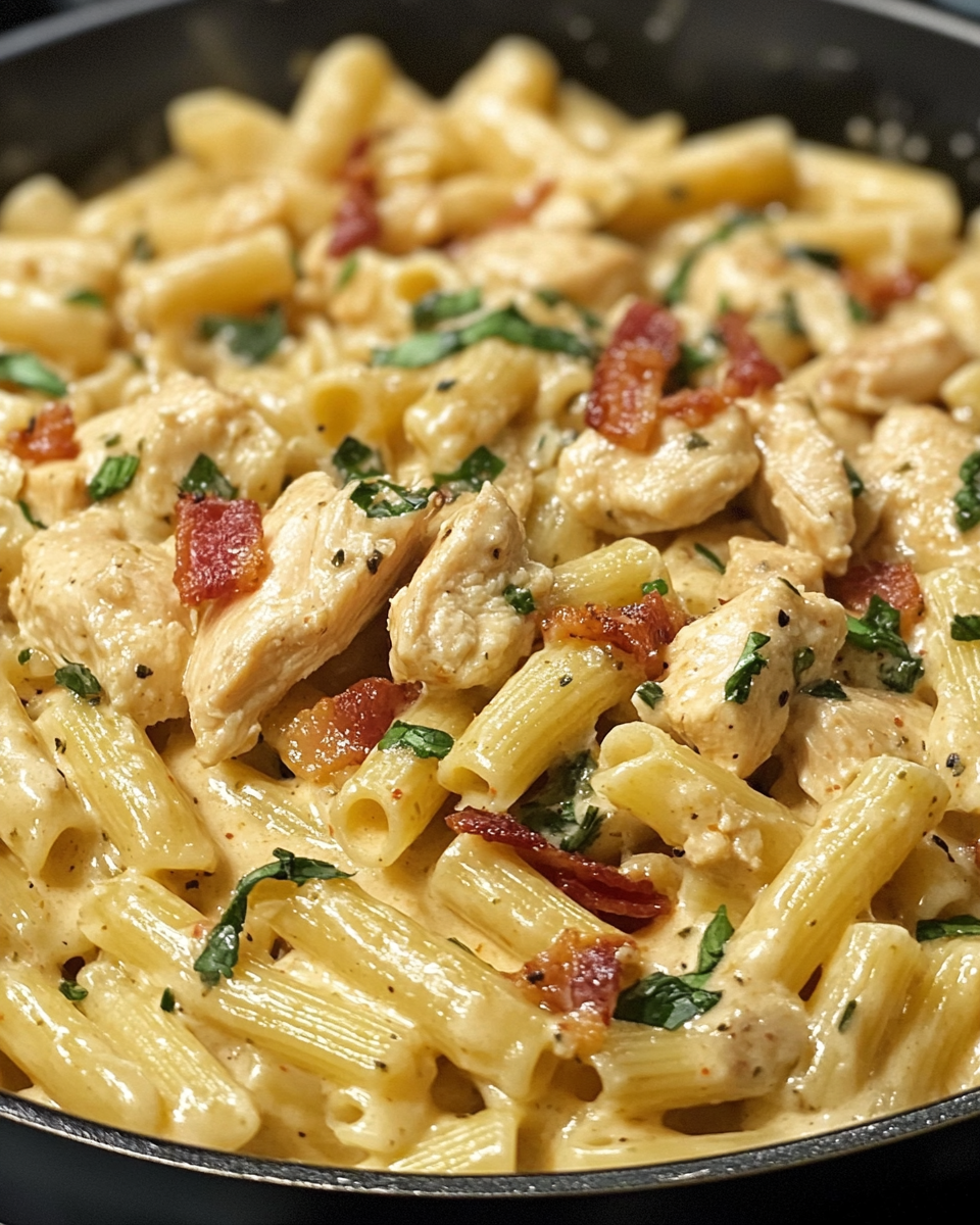 Close-up of one pan chicken bacon ranch pasta cooking in pressure cooker