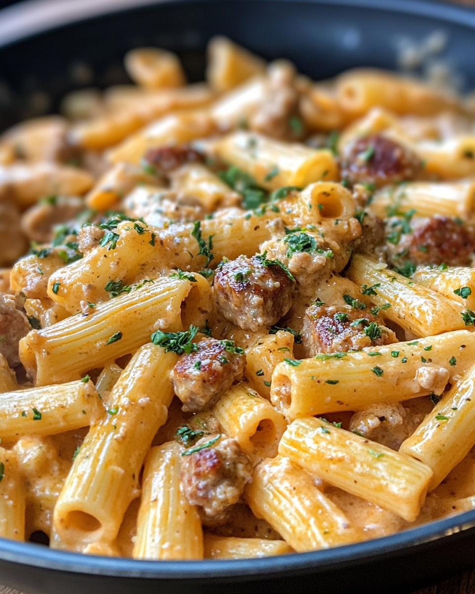 Creamy one pan sausage pasta served in dish with parsley garnish