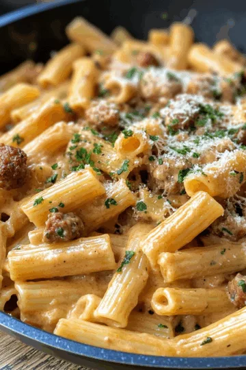 One Pan Creamy Sausage Pasta taken with iphone 15 pro max --iw 2 --ar 4:5 --v 6.1 --raw