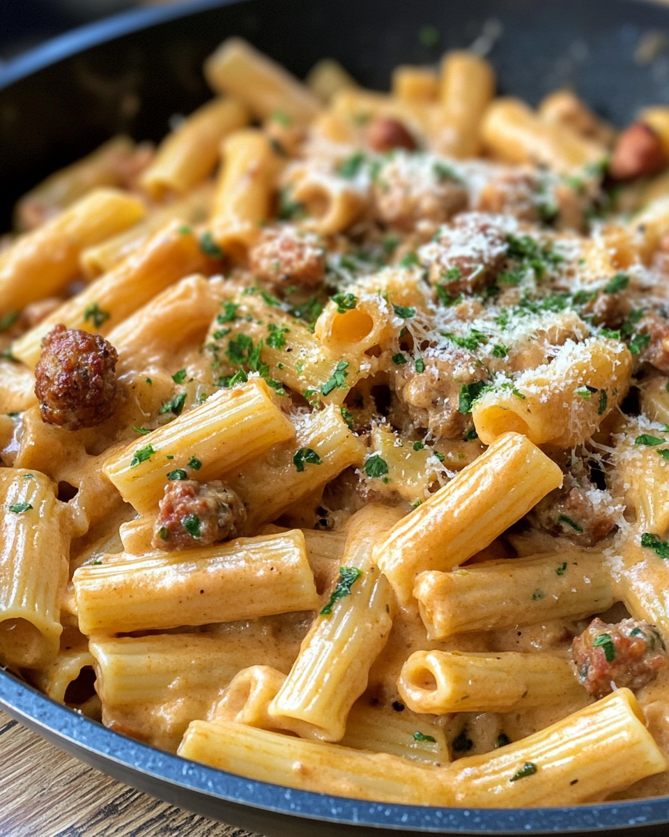 One pan creamy sausage pasta cooking in skillet