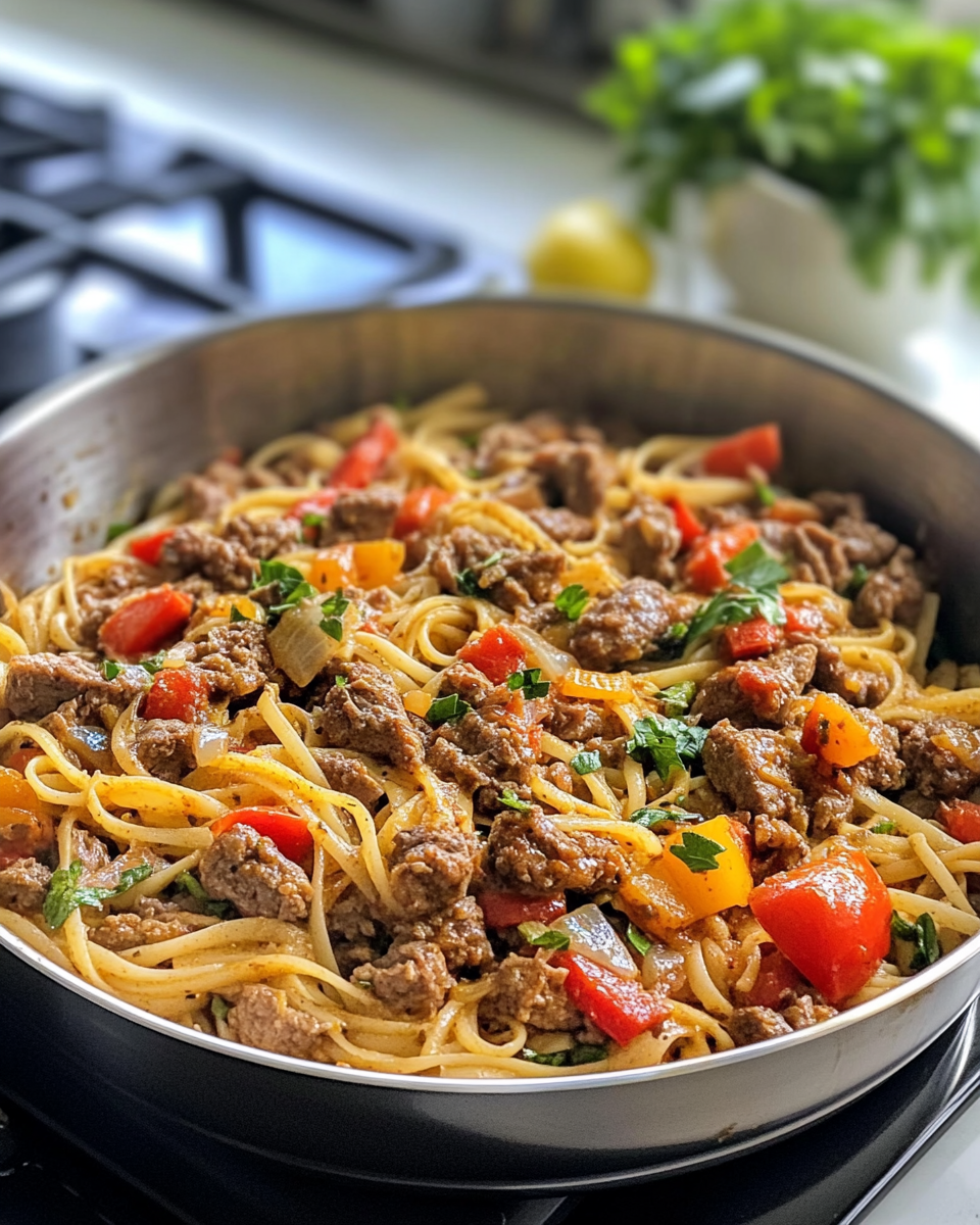 Ingredients for one pot Cajun beef pasta including beef, vegetables, pasta, and spices