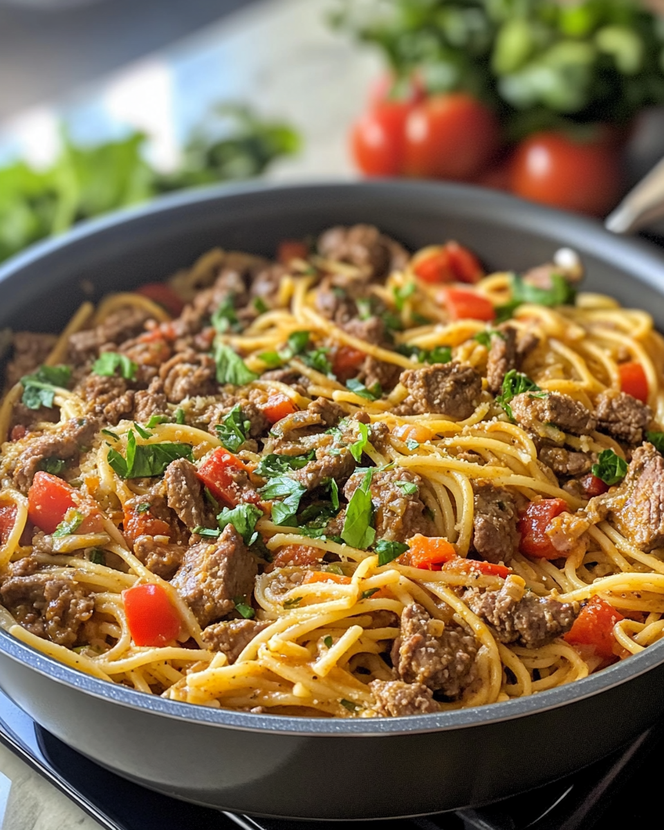 Close up of plated Cajun beef pasta with fresh parsley garnish
