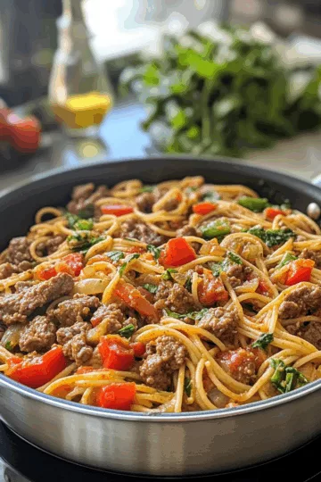 One Pot Cajun Beef Pasta with Lots-Of-Veg taken with iphone 15 pro max --iw 2 --ar 4:5 --v 6.1 --raw