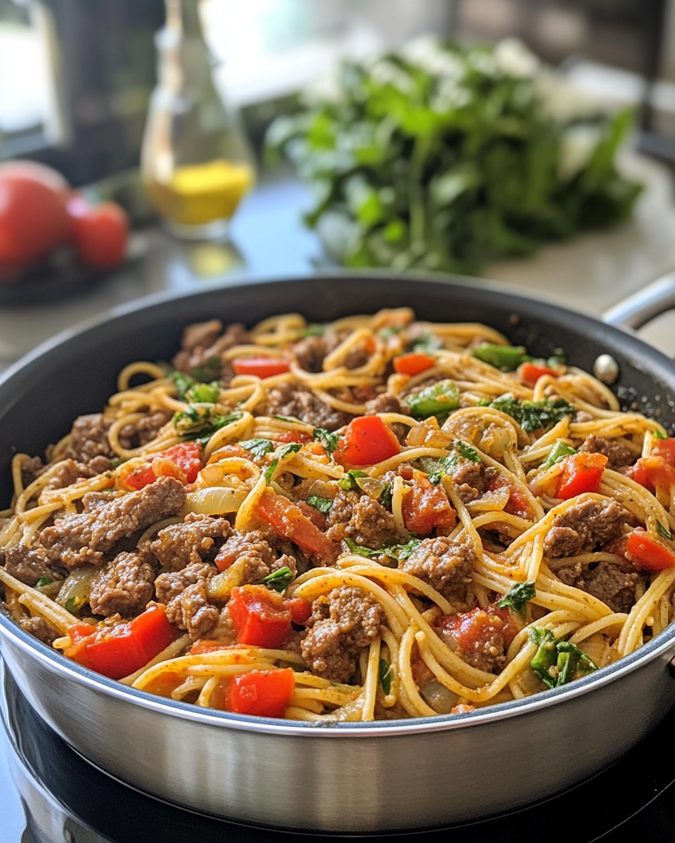 One pot Cajun beef pasta simmering with vegetables and rich flavors