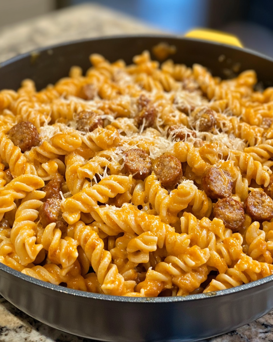 Chopped ingredients including sausage, onions, bell peppers for one pot pasta