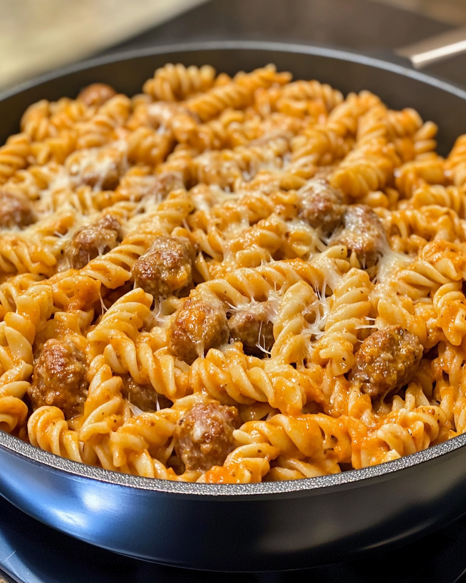 Bowl of finished cheesy sausage pasta garnished with fresh herbs and cheese