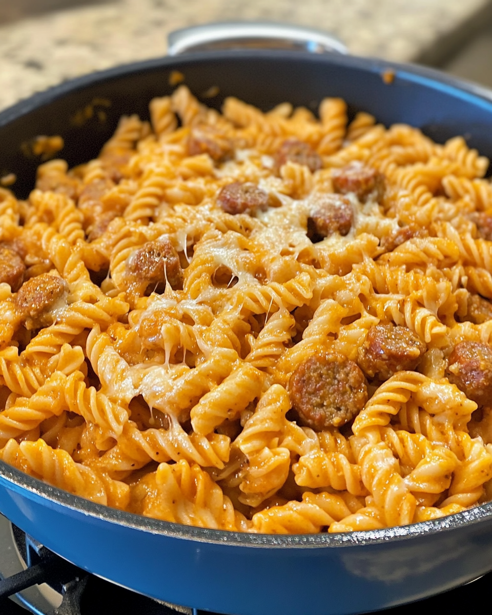 One pot cheesy sausage pasta cooking in pressure cooker with bubbling sauce