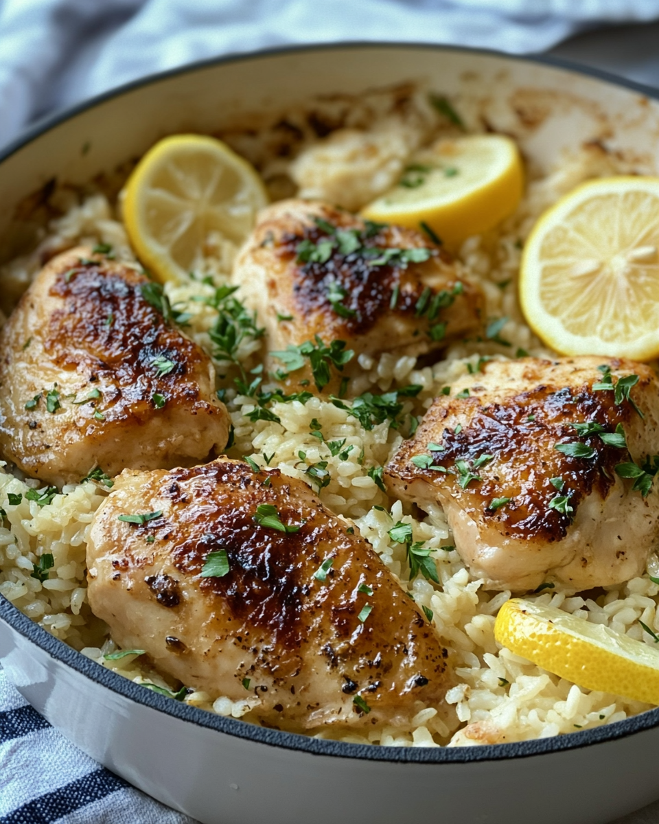 Tender cooked chicken with caramelized lemon served with rice