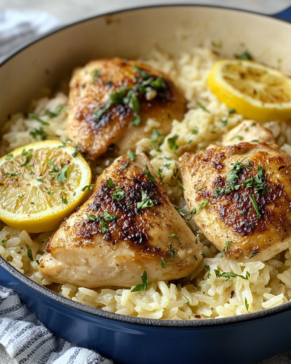 One-pot chicken and rice with caramelized lemon steaming in a pot