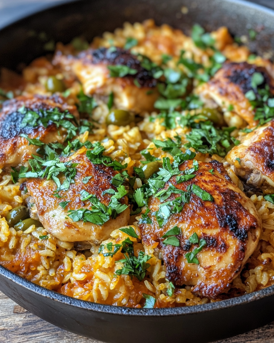 One pot chicken and rice with olive gremolata cooking in pot
