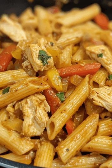 One Pot Chicken Fajita Pasta taken with iphone 15 pro max --iw 2 --ar 4:5 --v 6.1 --raw