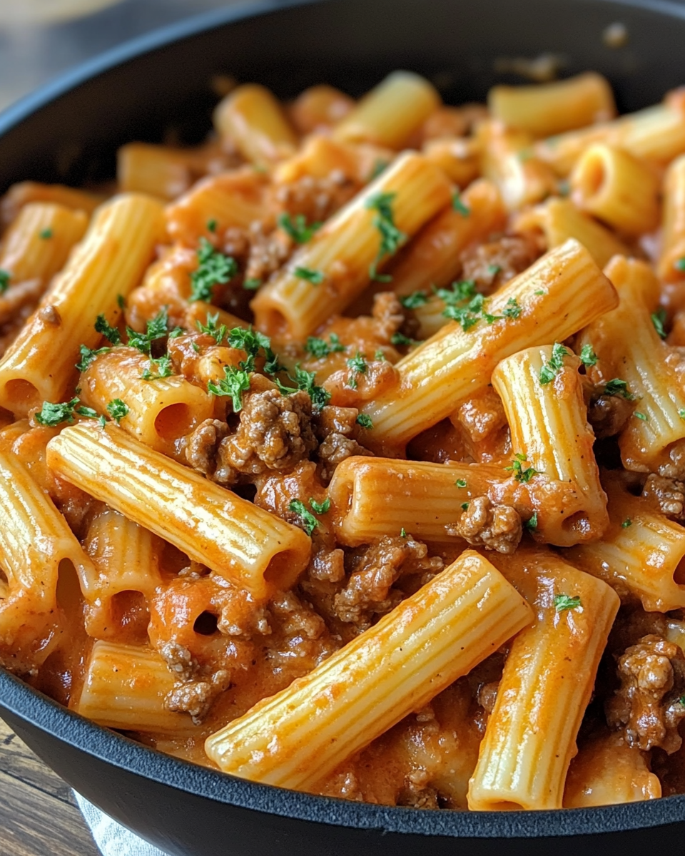 Ingredients for one pot creamy tomato beef pasta displayed on table