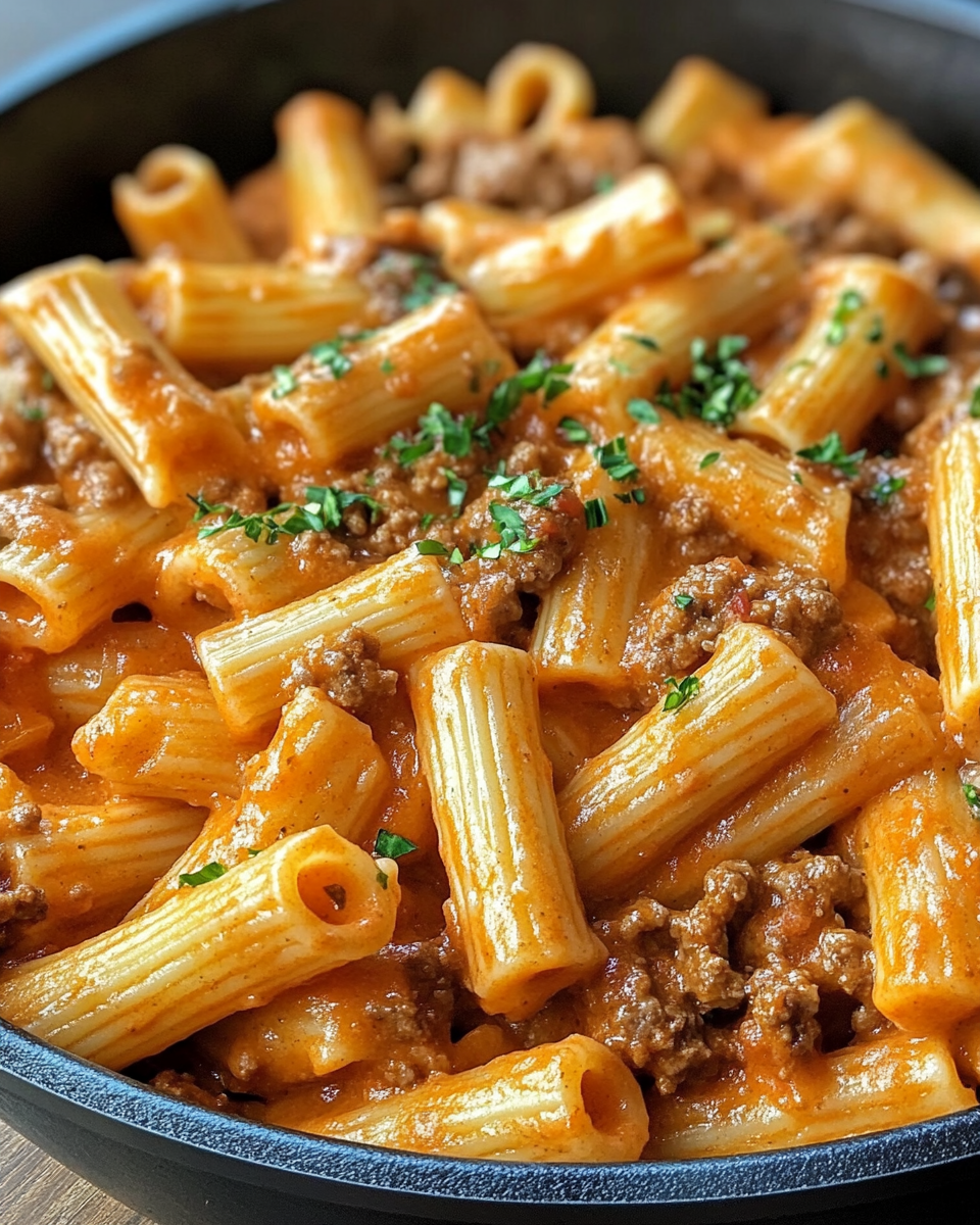 One pot creamy tomato beef pasta served and ready to eat with parsley garnish