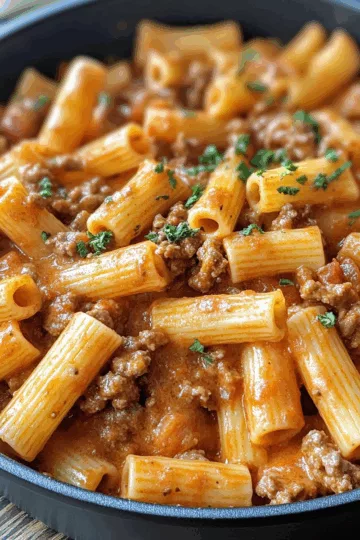 One Pot Creamy Tomato Beef Pasta taken with iphone 15 pro max --iw 2 --ar 4:5 --v 6.1 --raw