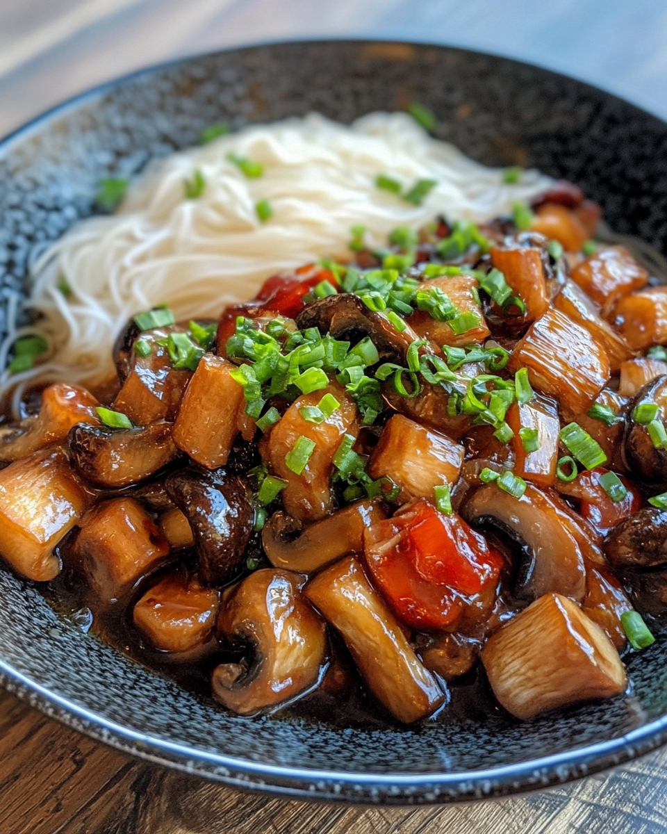Ingredients of one-pot glass noodles and braised Chinese mushrooms laid out