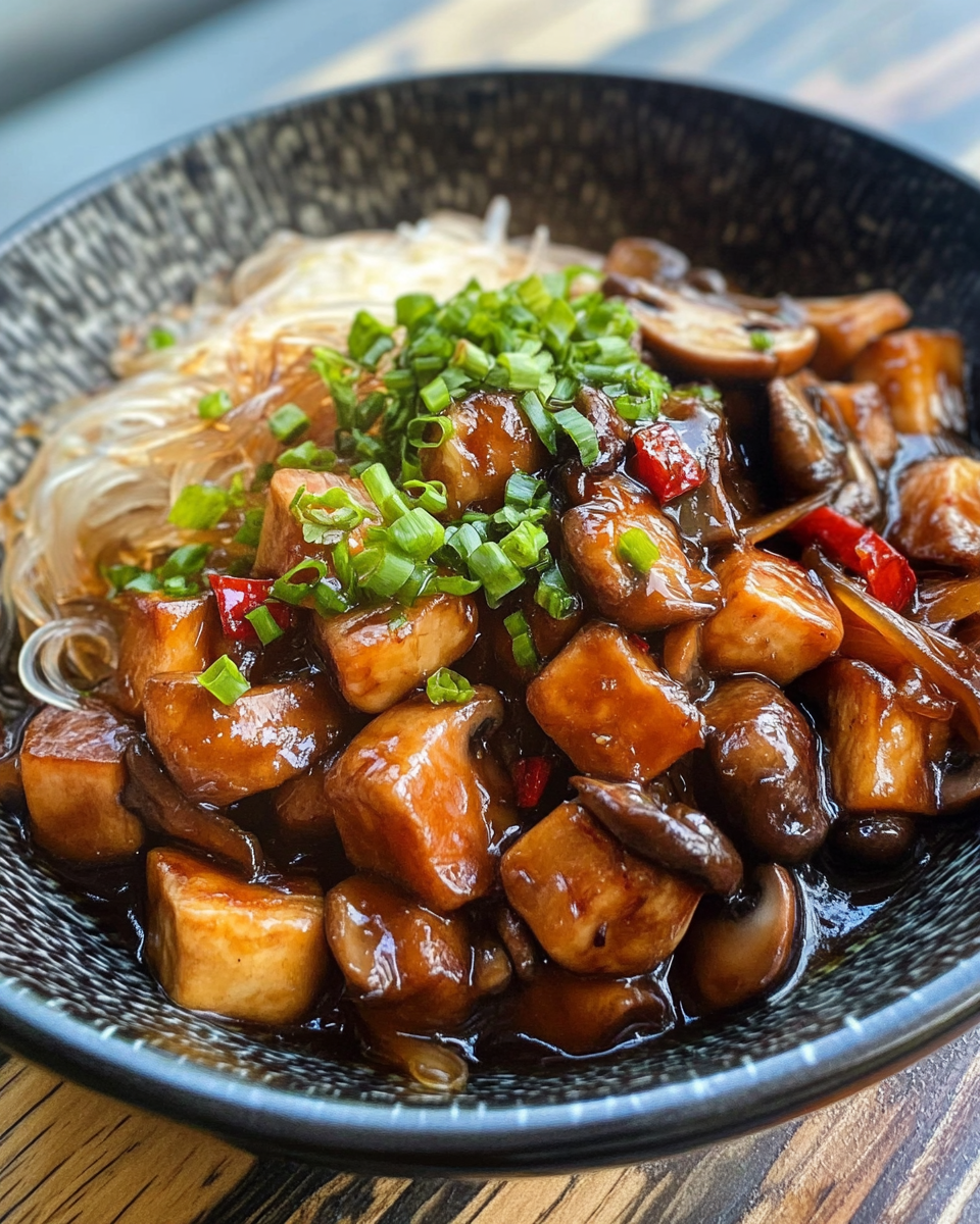 Finished one-pot glass noodles with braised Chinese mushrooms garnished with fresh coriander